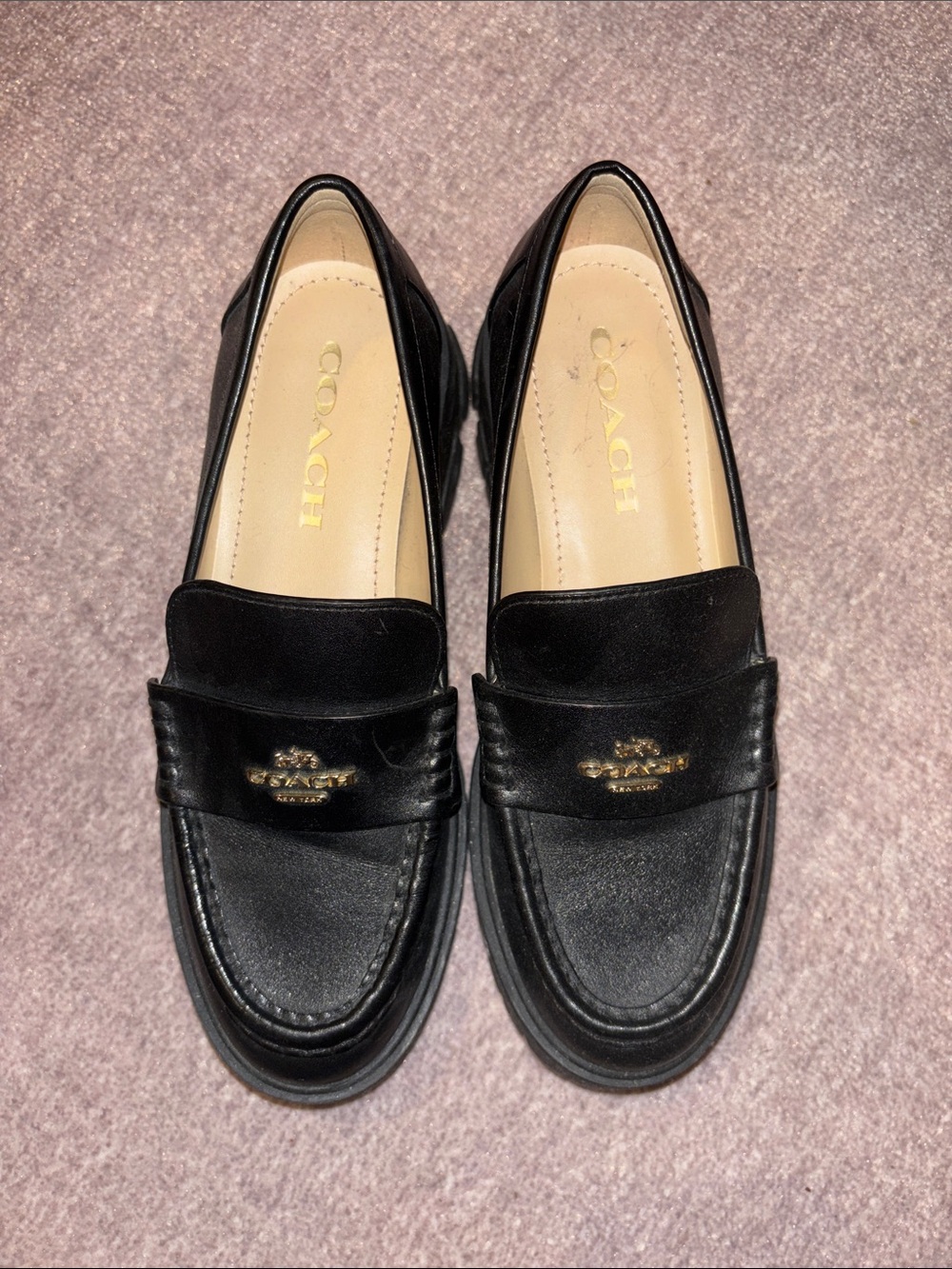 Coach Black Leather Penny Loafers with Gold Logo